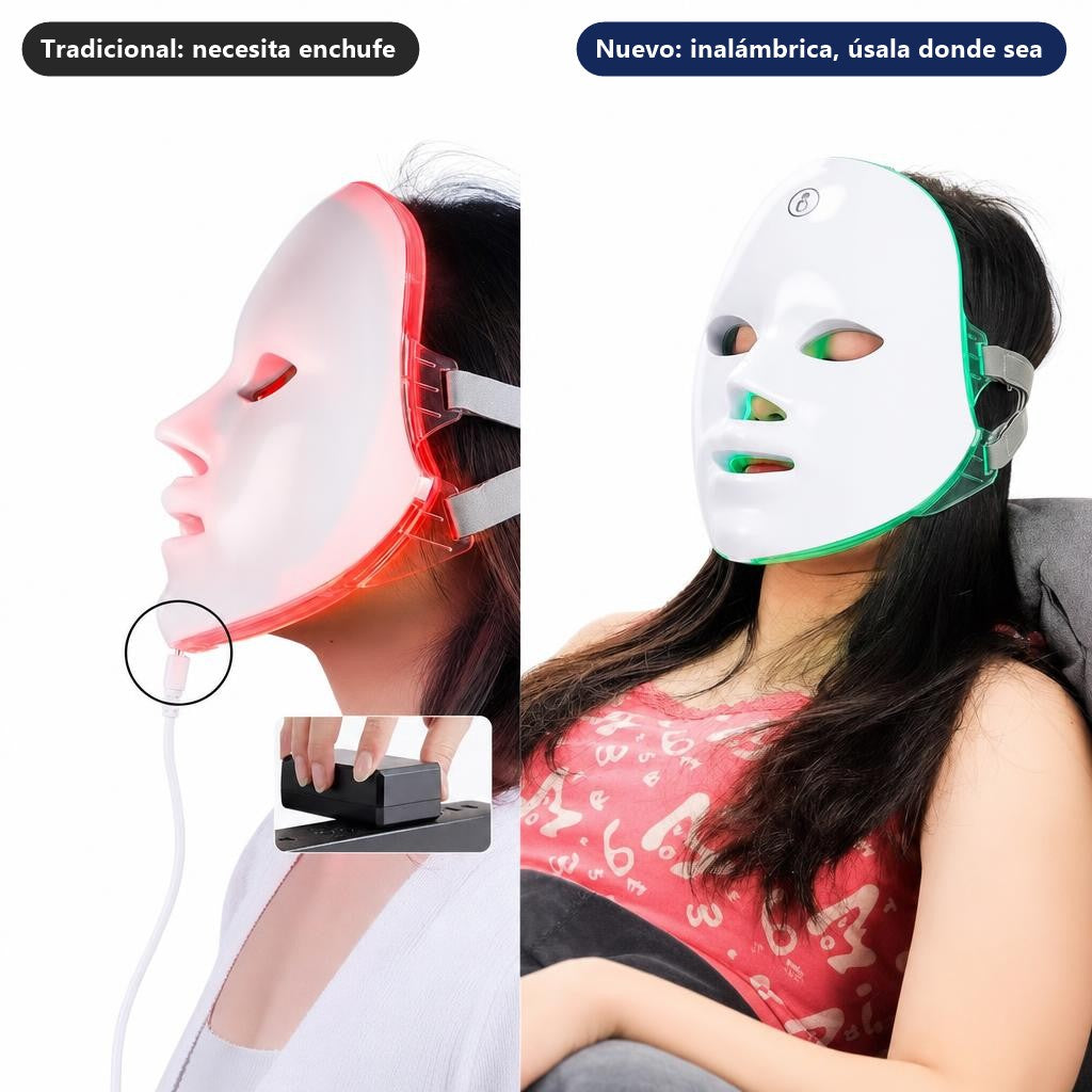 Mascarilla Facial y Cuello LED – 7 Modos de Color, Terapia de Luz Inalámbrica