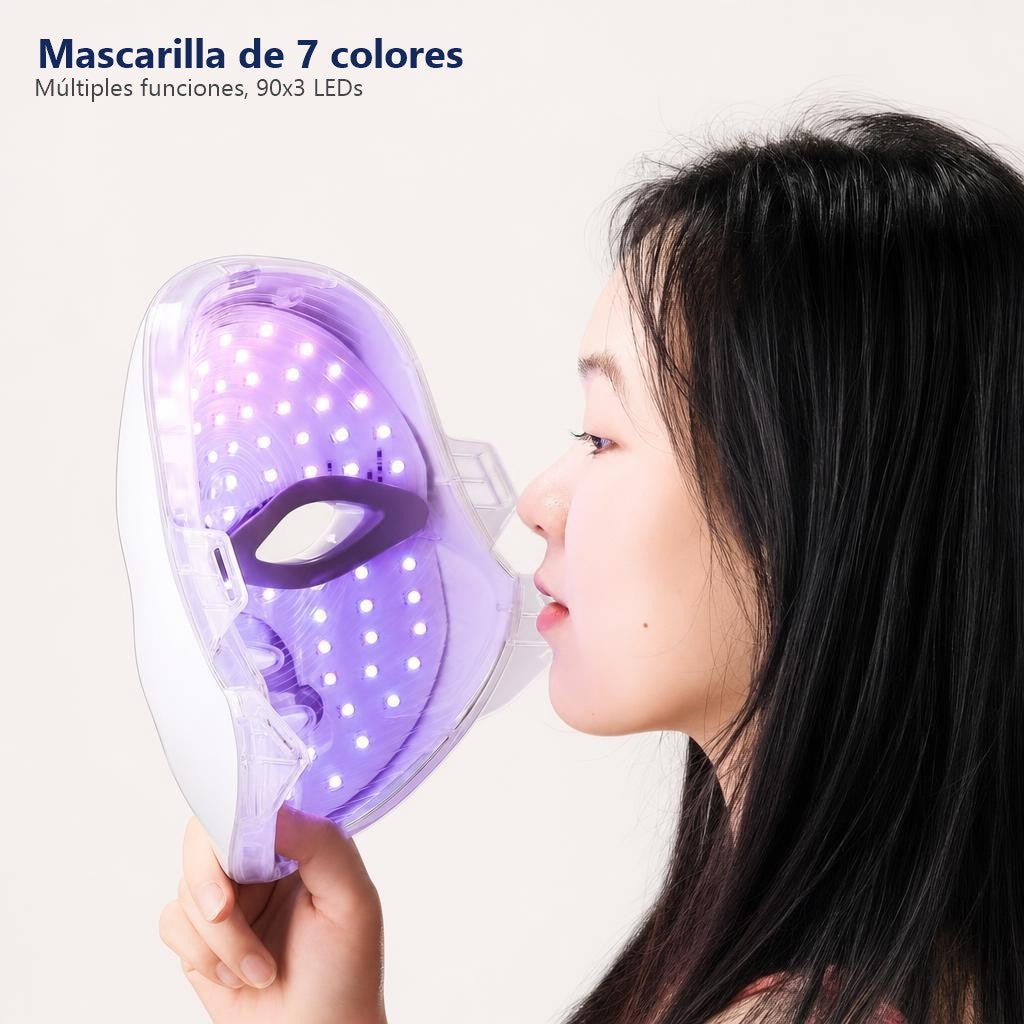 Mascarilla Facial y Cuello LED – 7 Modos de Color, Terapia de Luz Inalámbrica